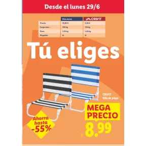 Plegable silla de playa ideal para tus vacaciones.