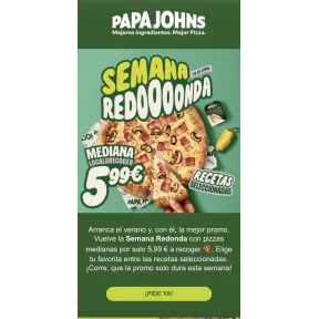 Papa John's: Mediana a 5,99€ en Semana Redonda