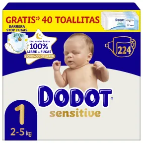 Pañales Dodot Sensitive Talla 1, 224 unidades + 40 Toallitas