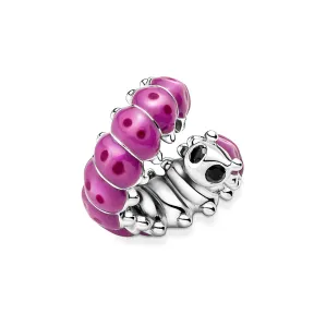 Colgante de oruga en plata con cristal negro y esmalte rosa