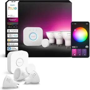 Philips Hue Pro Kit: 3 Bombillas GU10 RGBW, Bridge y Smart Button