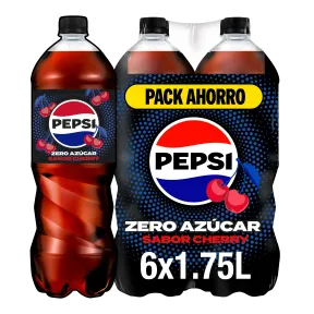 Pepsi Zero Cherry, pack de 6 botellas sin azúcar y calorías.