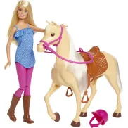 Muñeca Barbie con caballo marrón claro de equitación