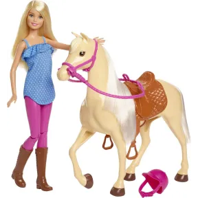 Muñeca Barbie con caballo marrón claro de equitación