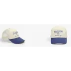Gorra trucker ajustable AzulBeige con print frontal para hombre.