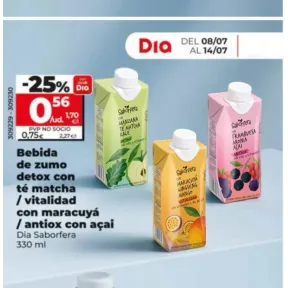 Zumo detox y antiox 330 ml, 3 sabores a 0,56€ unidad.