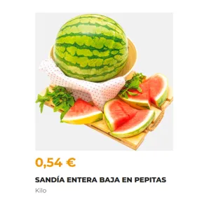 Sandía baja en pepitas a 0,54€ el kilo entera