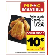 Pollo asado a 5€ en Carrefour llevando dos unidades