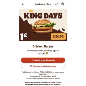 Burger King: Chicken Burger por solo 1€