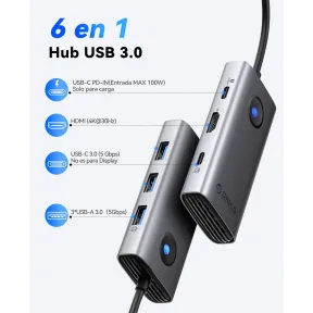 Hub USB C 6 en 1 ORICO con HDMI 4K y 4 Puertos USB 3.0