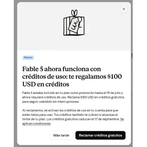 $100 USD en créditos gratis para la IA Fable 5 de Claude