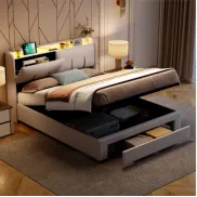 Cama juvenil 140 x 200 cm con carga USB, cajones y LED beige