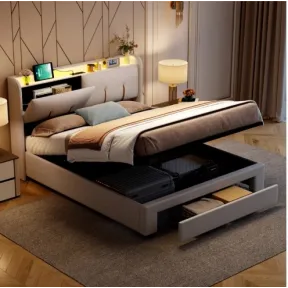Cama juvenil 140 x 200 cm con carga USB, cajones y LED beige