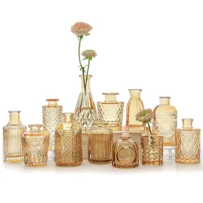 Juego de 12 pequeños jarrones ámbar de cristal para flores