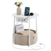 Mesa Auxiliar Redonda LILEA con Cesta y Enchufes VASAGLE