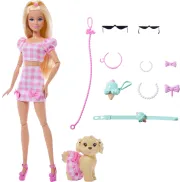 Barbie con perro: looks vichy rosa y accesorios a juego.