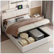 Cama tapizada en lino con canapé abatible y USB 160x200 cm