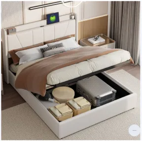 Cama tapizada en lino con canapé abatible y USB 160x200 cm