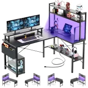 Escritorio Gaming en L iSunirm con LED y Carga USB, Negro