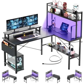 Escritorio Gaming en L iSunirm con LED y Carga USB, Negro