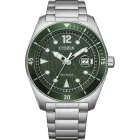 Reloj de buceo Citizen Marine con esfera verde texturizada.