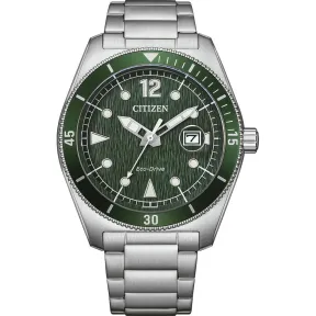 Reloj de buceo Citizen Marine con esfera verde texturizada.