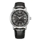 Reloj automático Citizen con esfera negra y correa de piel.