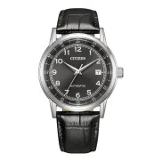 Reloj automático Citizen con esfera negra y correa de piel.