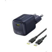 Cargador rápido Baseus 45W USB-C con cable 1m, compatible con iPhone y Samsung.