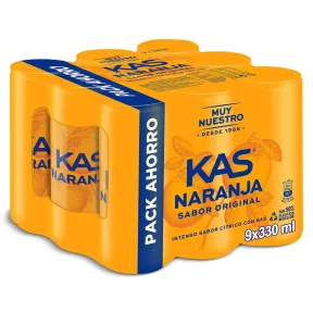 Pack de 9 latas de refresco Kas naranja, 2.97 litros