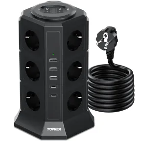 Regleta Vertical 12 Schuko, 2 USB C, 2 Interruptores, 4000W