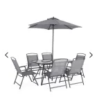 Mesa de Jardín Gris con 6 Sillas y 1 Sombrilla de Acero