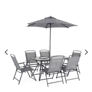 Mesa de Jardín Gris con 6 Sillas y 1 Sombrilla de Acero