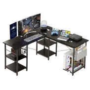 Mesa de ordenador industrial en L con enchufe y almacenamiento