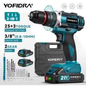 Taladro YOFIDRA 3 en 1 con 25+3 Nm y 2 baterías