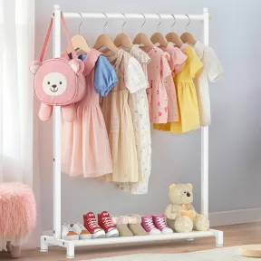 Perchero metálico para niños con estante de almacenamiento blanco.