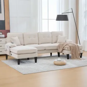 Sofá beige en U de lino con 2 chaise longue y puertos de carga