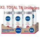 NIVEA Dry Comfort Roll-on 6 x 50 ml, 72 horas de protección