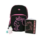Mochila unicornio negro y fucsia con libreta y llavero