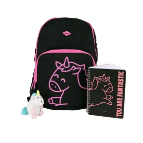 Mochila unicornio negro y fucsia con libreta y llavero