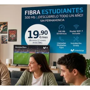 Fibra 300Mb Movistar Estudiantes: Sin permanencia y TV opcional