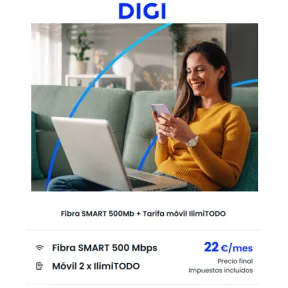 Digi Fibra 500Mb + 2 Líneas Ilimitadas por solo 22€/mes