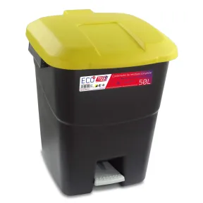 Contenedor de residuos de 50 litros con pedal y tapa amarilla.