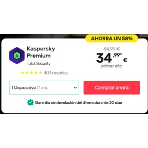 Kaspersky Premium: ¡58% Dto. + Tarjeta Regalo Amazon de 20 €!