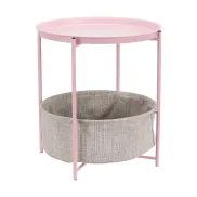 Mesa redonda rosa con almacenamiento y tejido gris jaspeado
