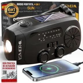 Radio de emergencia solar AM/FM con manivela y linterna LED