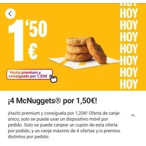 4 McNuggets a 1,20€ o canje normal por 1,50€