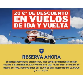 Descuento de 20 € en vuelos de ida y vuelta de Ryanair