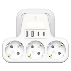 Regleta Enchufe 7 en 1 con 2 USB y LED, Ladrón Plano