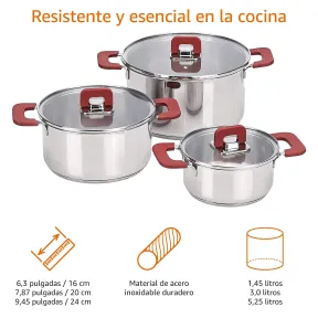 Juego de Ollas de Inducción de Acero Inoxidable 3 Unidades